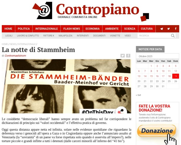 Contropiano'da “La notte die Stammheim”. Kaynak: Contropiano, ekran görüntüsü: Berlin, 19.10.2025, 15.30